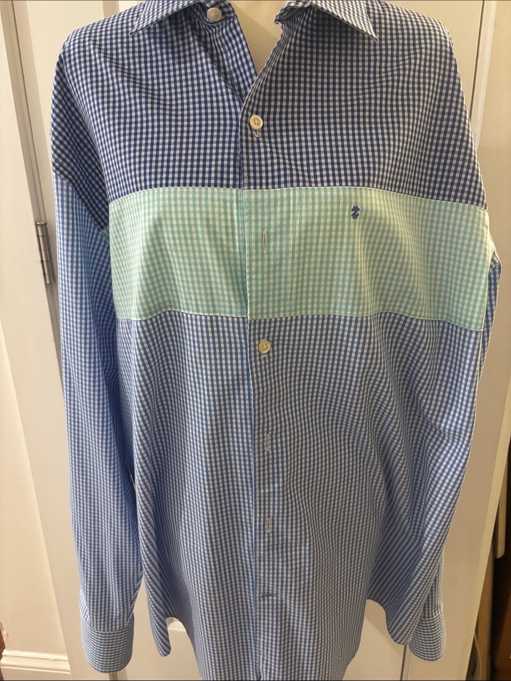 Izod Blue Gingham Dress Shirt with Mint Panel